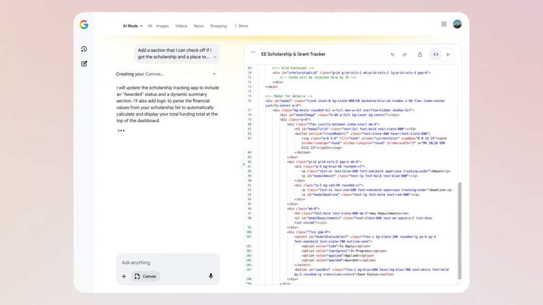 Google integra ferramenta Canvas ao Modo IA para criação de documentos e apps